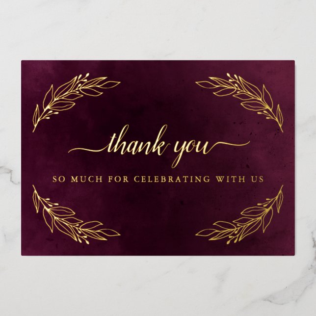 Elegant Burgundy and Gold Wedding Thank You  (Front)