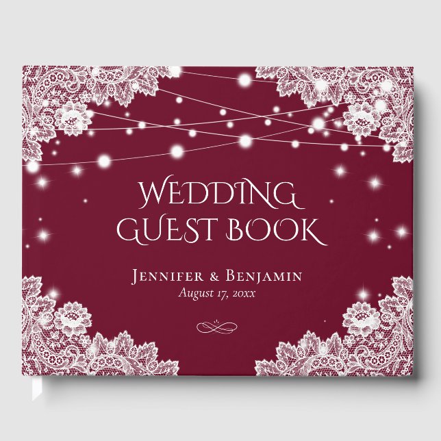 Elegant Burgundy and Lace Wedding Guest Book (Front)