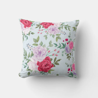 Elegant Burgundy and Lilac Roses Floral Cushion