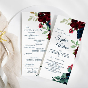 Elegant Burgundy and Navy Blue Flowers Wedding Programme