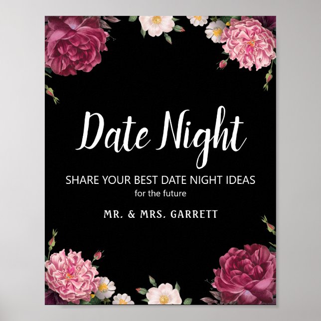 Elegant Burgundy and Pink Flower Date Night Sign (Front)