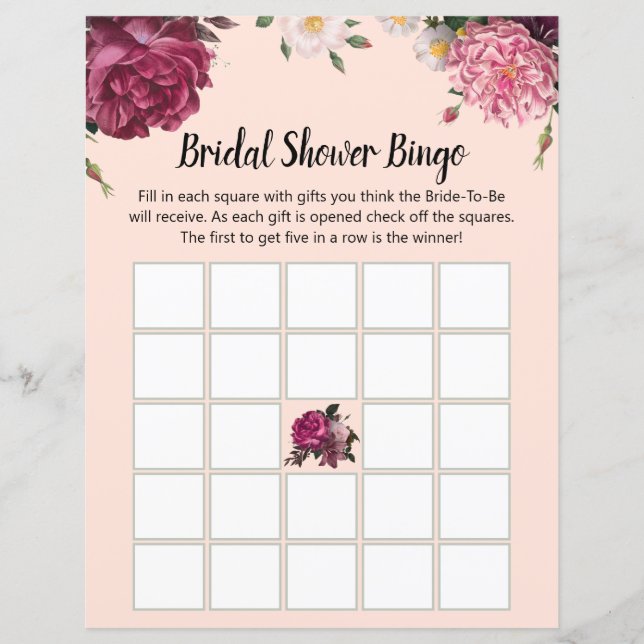 Elegant Burgundy and Pink Flowers Bridal Bingo (Front)