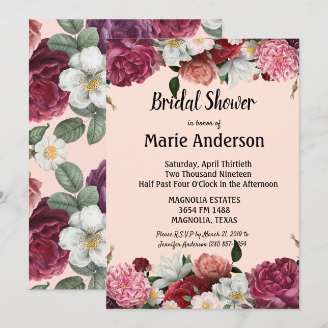 Elegant Burgundy and Pink Flowers Bridal Shower (Front/Back)