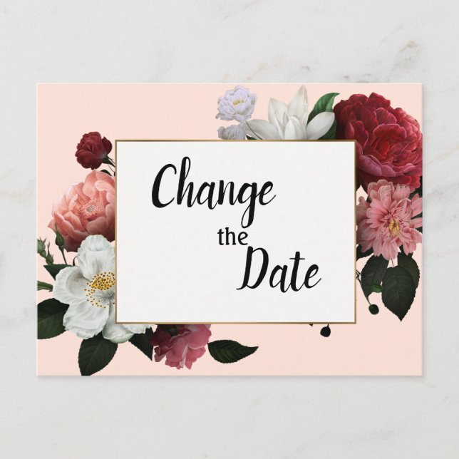 Elegant Burgundy and Pink Flowers Change the Date Postcard (Front)
