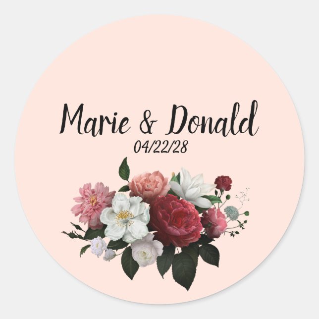 Elegant Burgundy and Pink Flowers Classic Round Sticker (Front)