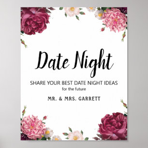 Elegant Burgundy and Pink Flowers Date Night Sign