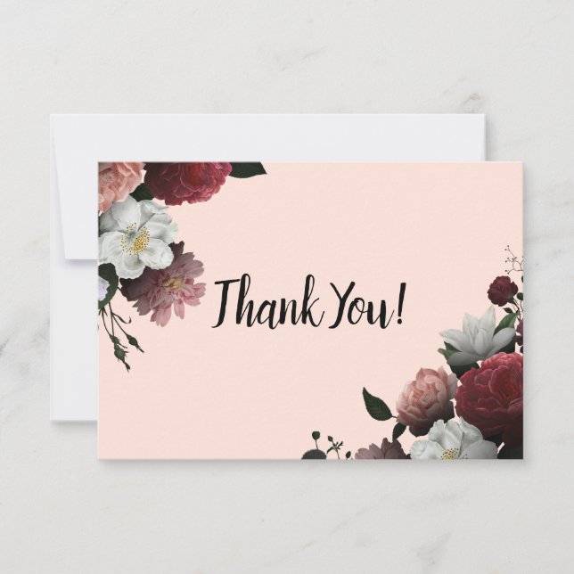 Elegant Burgundy and Pink Flowers Thank You Card (Front)