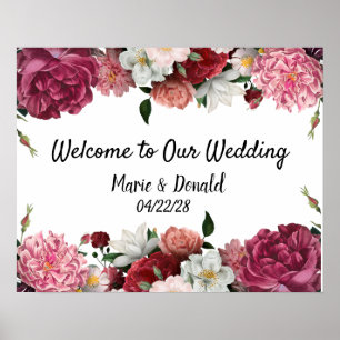 Elegant Burgundy and Pink Flowers Wedding Sign