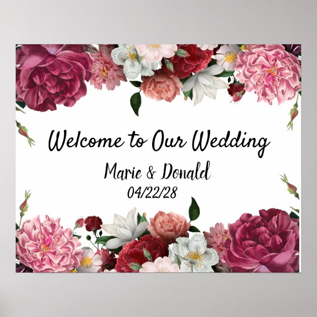 Elegant Burgundy and Pink Flowers Wedding Sign (Front)