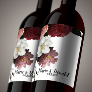 Elegant Burgundy and Pink Flowers Wine Label