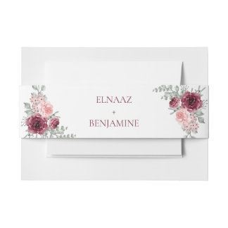 Elegant Burgundy and Pink Rose Watercolor Wedding Invitation Belly Band