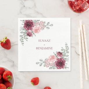 Elegant Burgundy and Pink Rose Watercolor Wedding Napkin