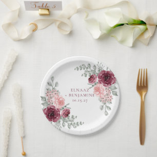 Elegant Burgundy and Pink Rose Watercolor Wedding Paper Plate