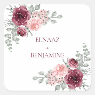 Elegant Burgundy and Pink Rose Watercolor Wedding Square Sticker