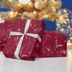 Elegant Burgundy and Rose Botanical Line Art Wrapping Paper