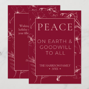 Elegant Burgundy and Rose Botanical Peace On Earth Holiday Card