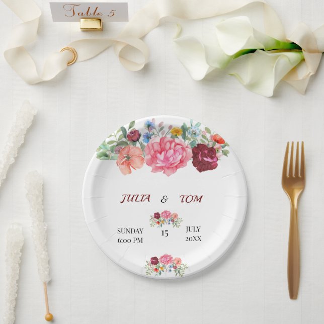 Elegant Burgundy and Rosy Floral Paper Plate (Wedding)