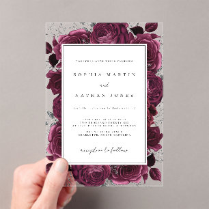 Elegant Burgundy And Silver Rose Clear Wedding Acrylic Invitations
