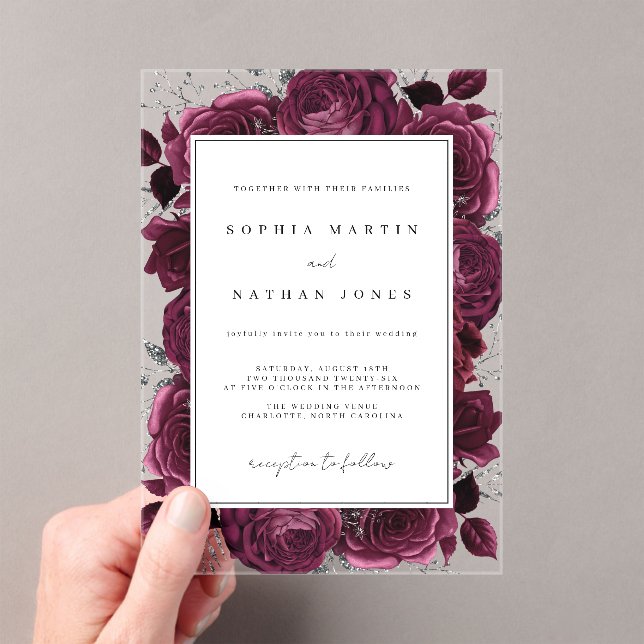Elegant Burgundy And Silver Rose Clear Wedding Acrylic Invitations (Insitu (Handheld))