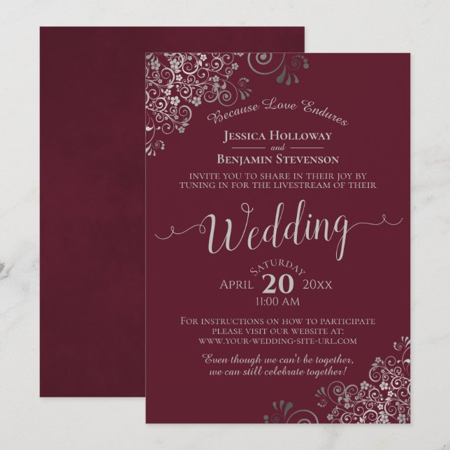 Elegant Burgundy and Silver Wedding Livestream Invitation (Front/Back)