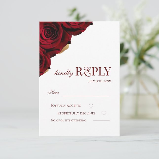 Elegant Burgundy and White Roses Wedding RSVP Card (Standing Front)