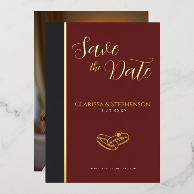 Elegant Burgundy Anthracite Photo Save The Date (Front/Back)