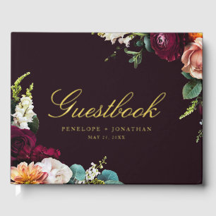 Elegant Burgundy Autumn Floral Gold Script Wedding Guest Book
