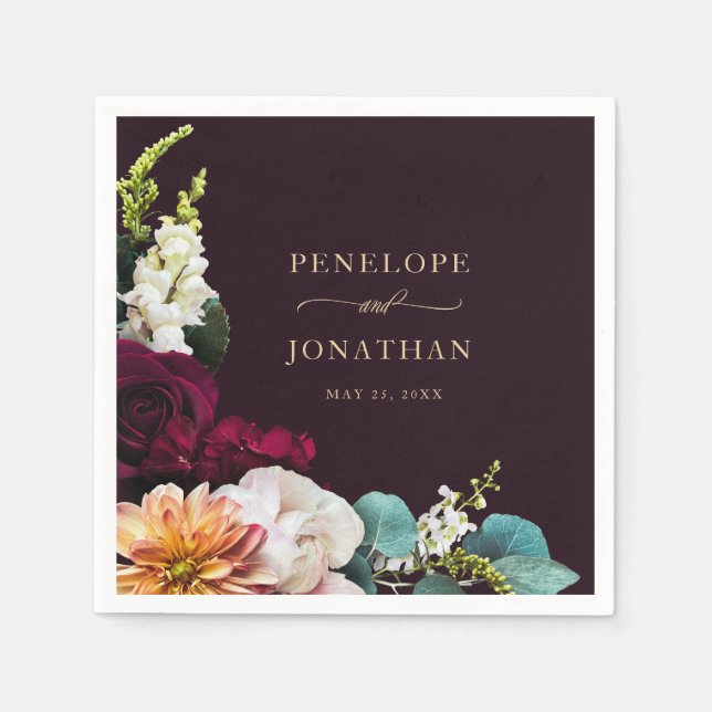 Elegant Burgundy Autumn Floral Gold Script Wedding Napkin (Front)