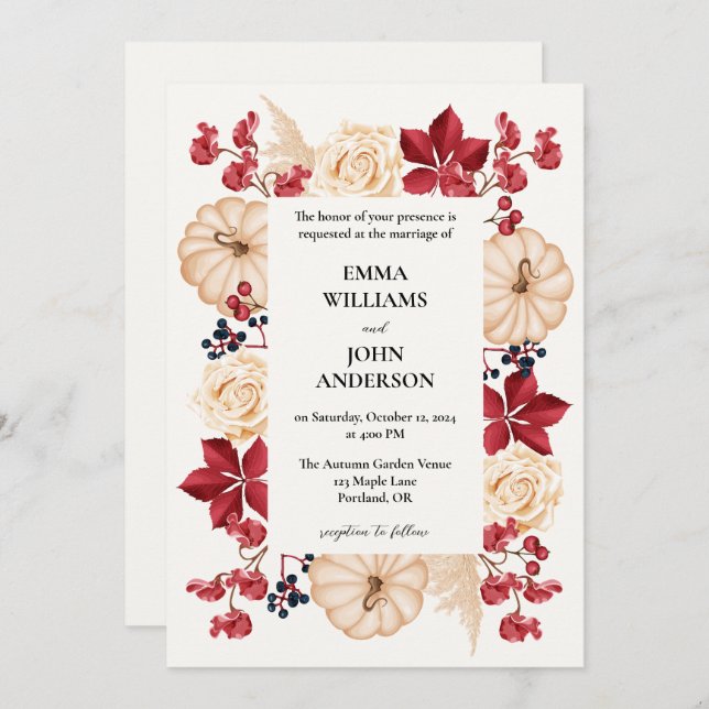 Elegant Burgundy Autumn Floral Wedding Invitation (Front/Back)