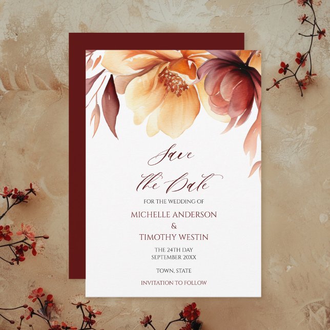 Elegant Burgundy Autumn Watercolor Floral Save The Date (Creator Uploaded)