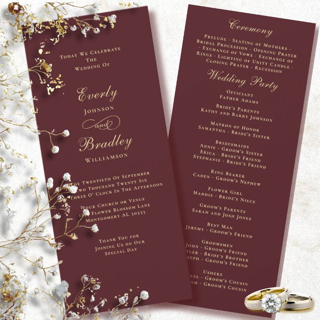 Elegant Burgundy Background Gold Wedding Program Invitation (Creator Uploaded)