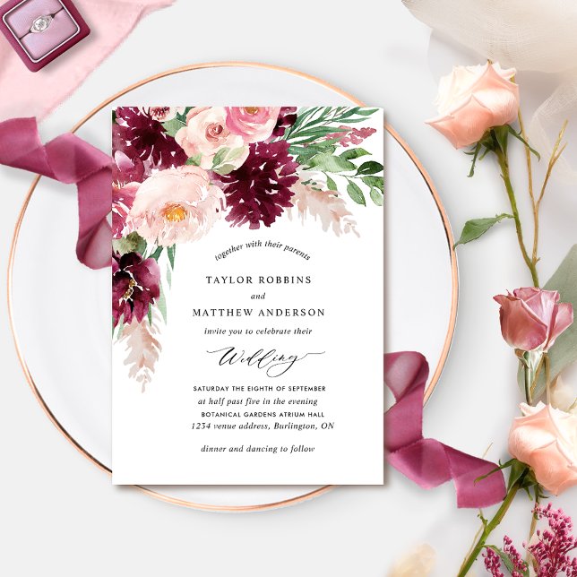 Elegant Burgundy Berry Blush Pink Floral Wedding Invitation (Creator Uploaded)