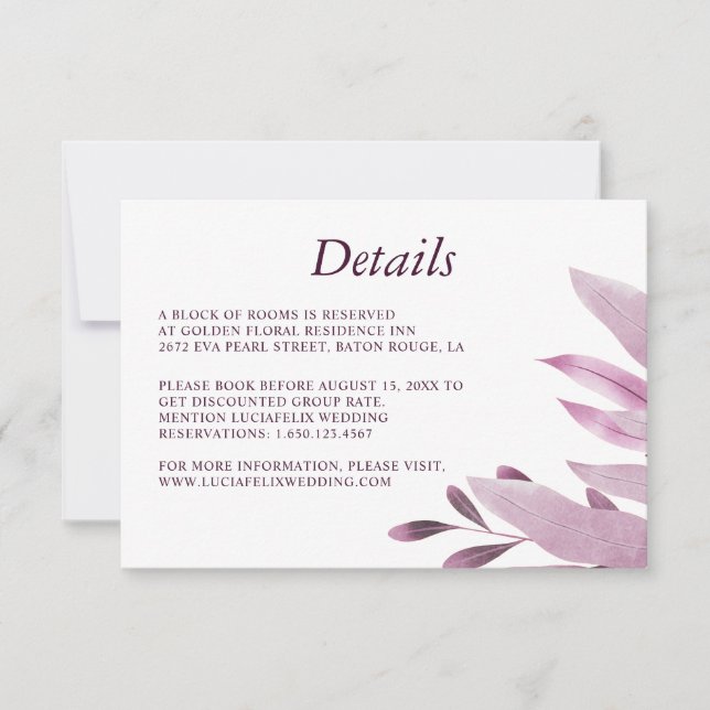 Elegant Burgundy Big Leaf Wedding Detail card (Front)