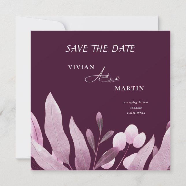 Elegant Burgundy Big Leaves Monogram Save The Date Invitation (Front)