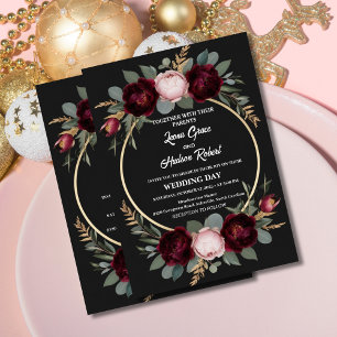 Elegant Burgundy, Black, and Gold Floral Wedding Invitation