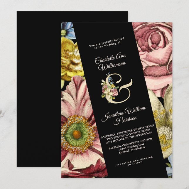 Elegant Burgundy Black Gold Floral Wedding Invitation (Front/Back)