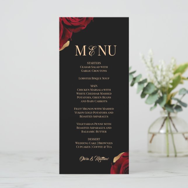 Elegant Burgundy Black Gold Wedding  Menu (Standing Front)