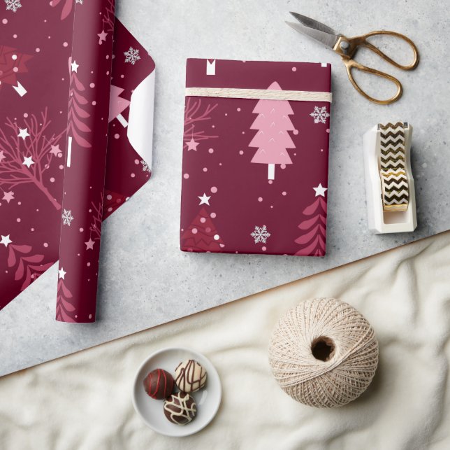 Elegant Burgundy Bliss Christmas Tree Pattern Wrapping Paper (Crafts)