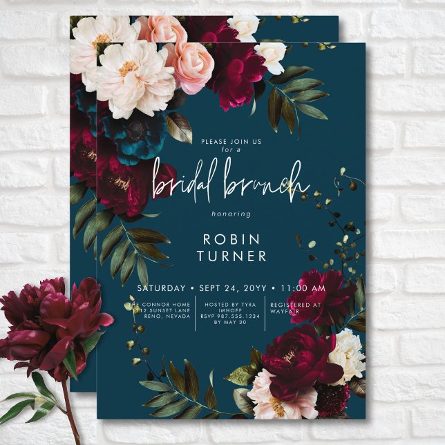 Elegant Burgundy & Blue Floral Bridal Brunch Invitation (Elegant Burgundy & Blue Floral Bridal Brunch Invitation)