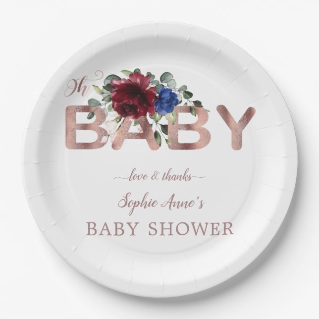 Elegant Burgundy Blue Floral Gold Boy Baby Shower Paper Plate (Front)