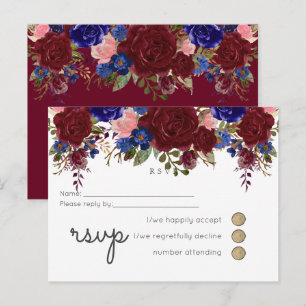 Elegant Burgundy Blue Floral Wedding Budget Invitation Postcard