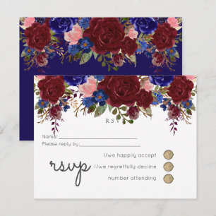 Elegant Burgundy Blue Floral Wedding Budget RSVP Invitation Postcard