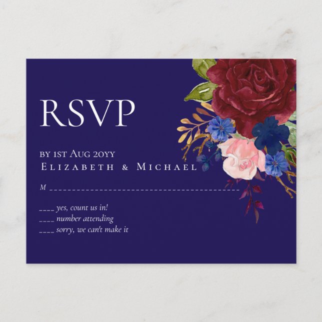 Elegant Burgundy Blue Floral Wedding Budget RSVP Postcard (Front)