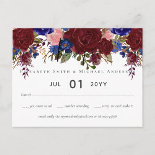 Elegant Burgundy Blue Floral Wedding Budget RSVP Postcard