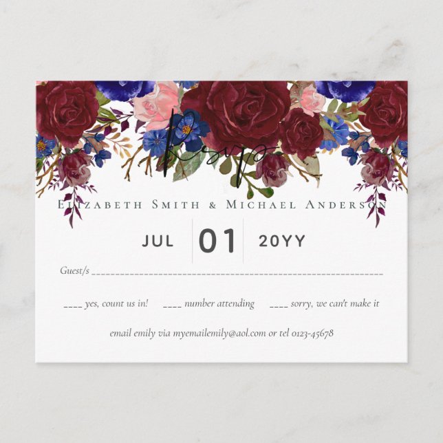 Elegant Burgundy Blue Floral Wedding Budget RSVP Postcard (Front)