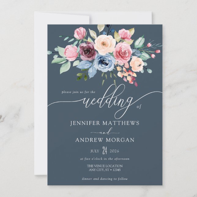 Elegant Burgundy Blue Flowers QR Code Wedding Invitation (Front)