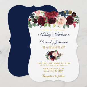 Elegant Burgundy Blue Watercolor Floral Wedding BG Invitation
