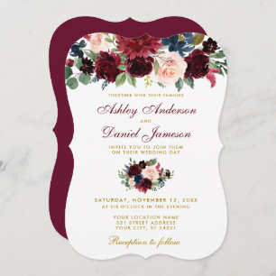 Elegant Burgundy Blue Watercolor Floral Wedding Invitation