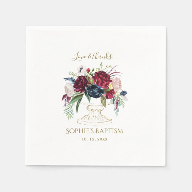 Elegant Burgundy Blue Watercolor Flowers Baptism Napkin (Front)