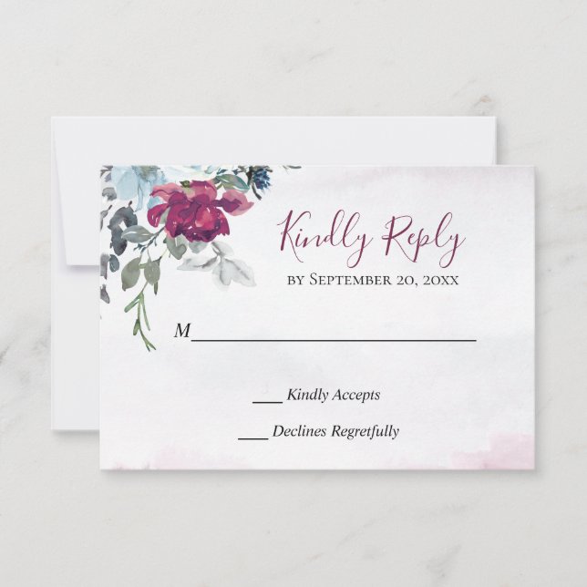 Elegant Burgundy Blue White Roses Wedding RSVP Card (Front)